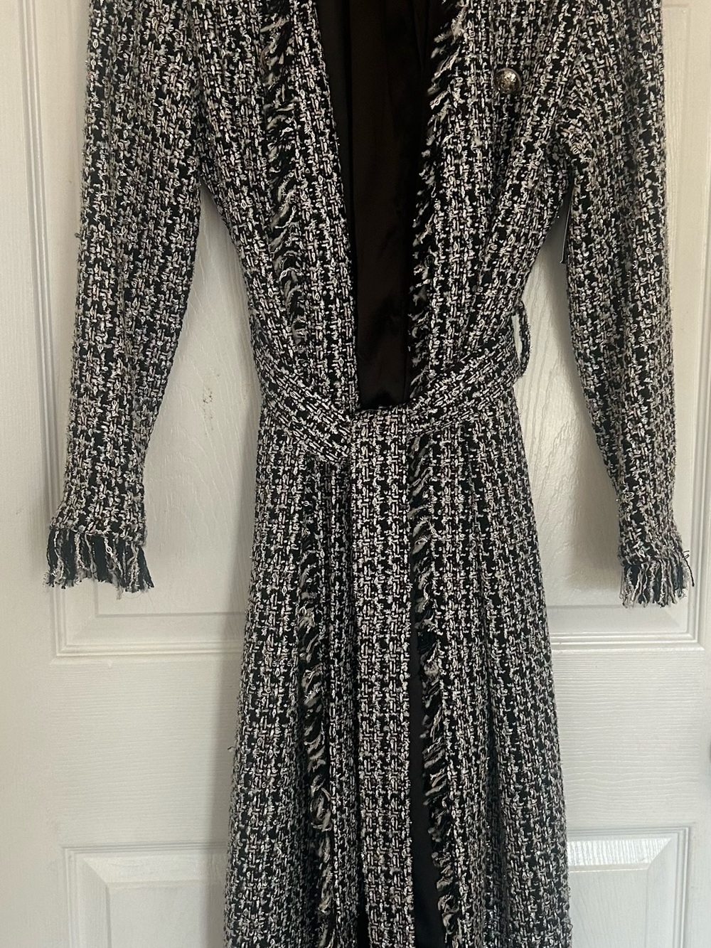 Women's Black and White Tweed Belted Trench Coat